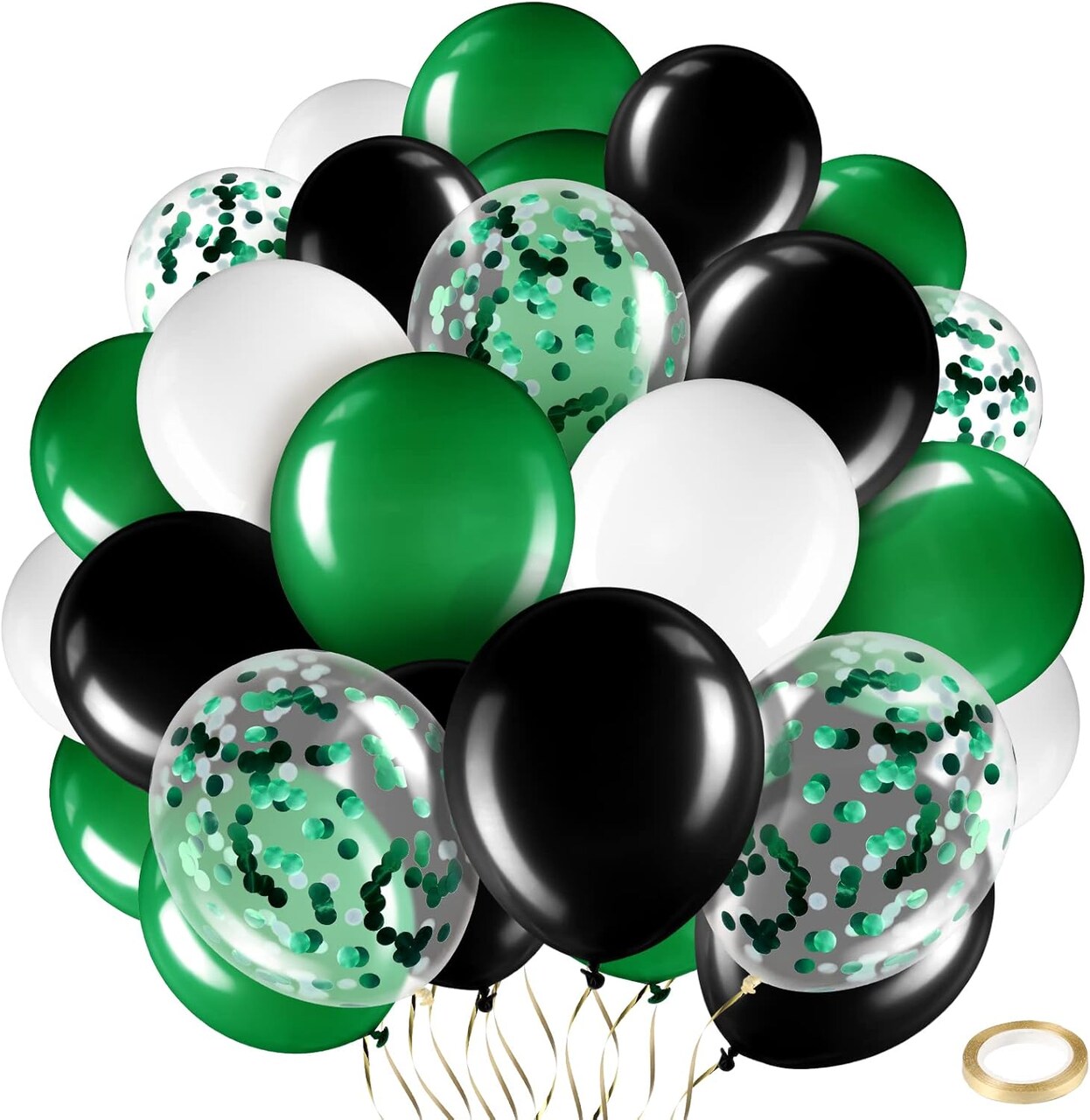 60 Pcs 12 Inch Balloons Kit Confetti Latex Metallic Balloons with 2 Rolls Ribbon Party Favor for Memorial Day, Birthdays, Fourth of July, Halloween Decorations(Black, Green, White)